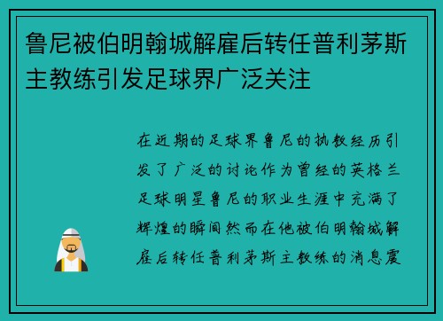 鲁尼被伯明翰城解雇后转任普利茅斯主教练引发足球界广泛关注