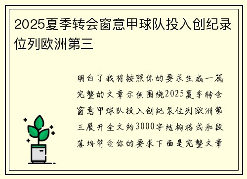 2025夏季转会窗意甲球队投入创纪录位列欧洲第三